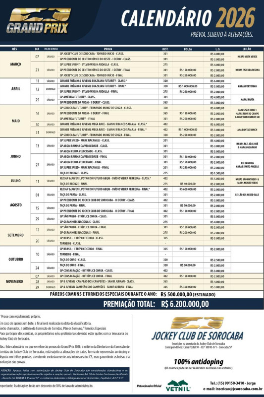 Calendario Oficial do Jockey Club de Sorocaba