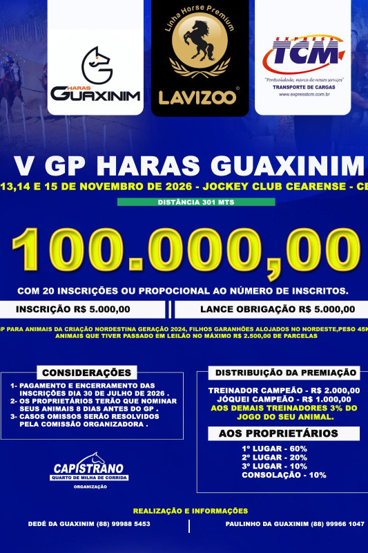 V GP Haras Guaxinim promete agitar o turfe nordestino com R$ 100 mil em premiação