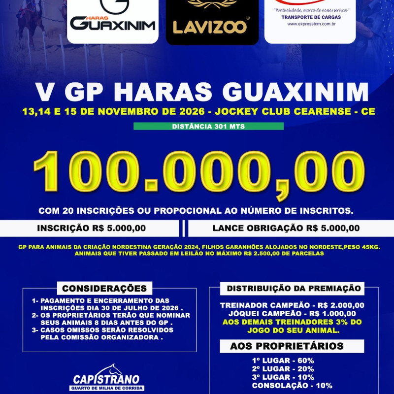 V GP Haras Guaxinim promete agitar o turfe nordestino com R$ 100 mil em premiação