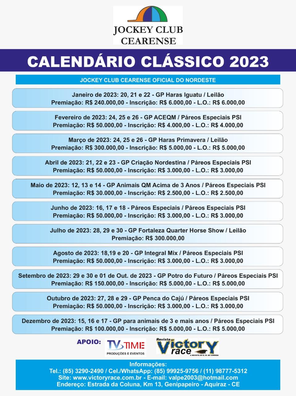 Calendario 2023 do Jockey Club Cearense