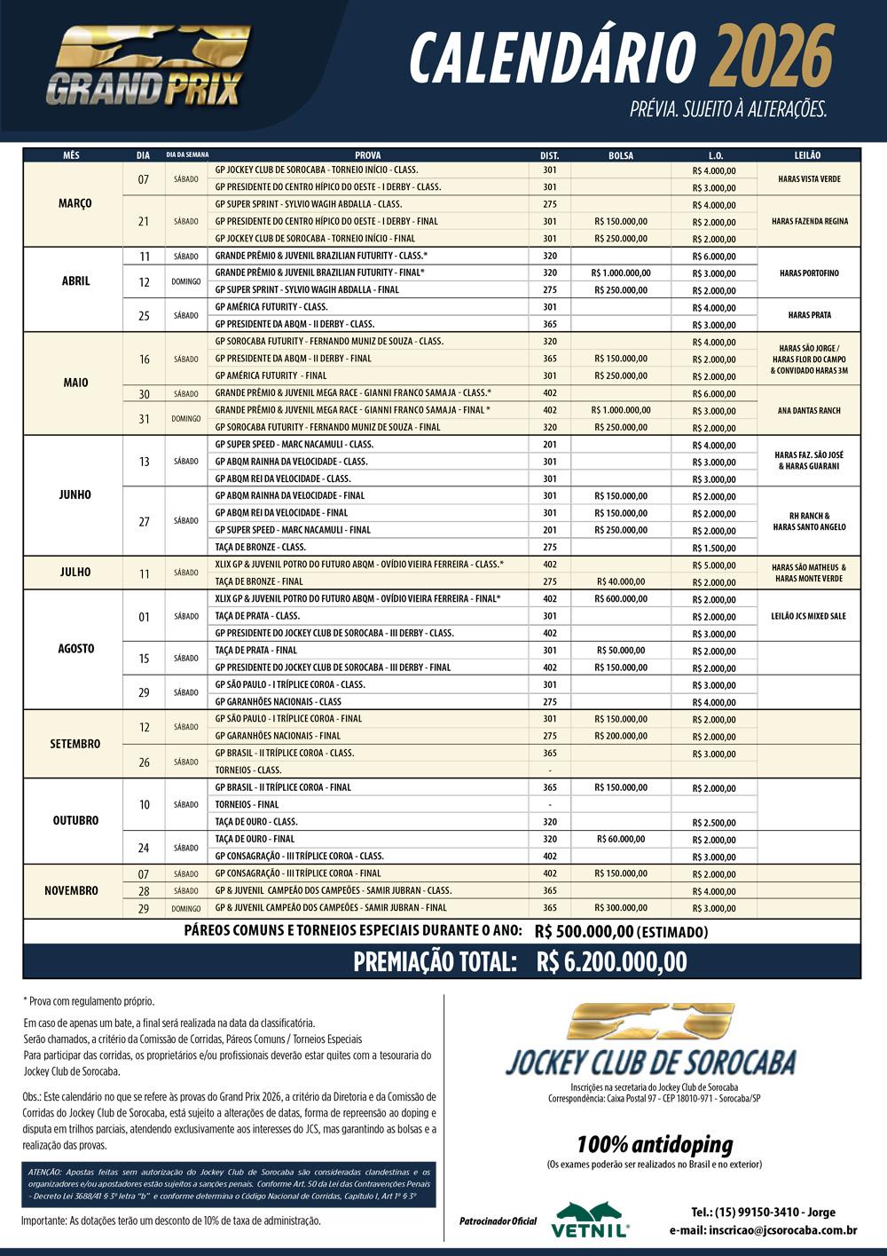 Calendario Oficial do Jockey Club de Sorocaba