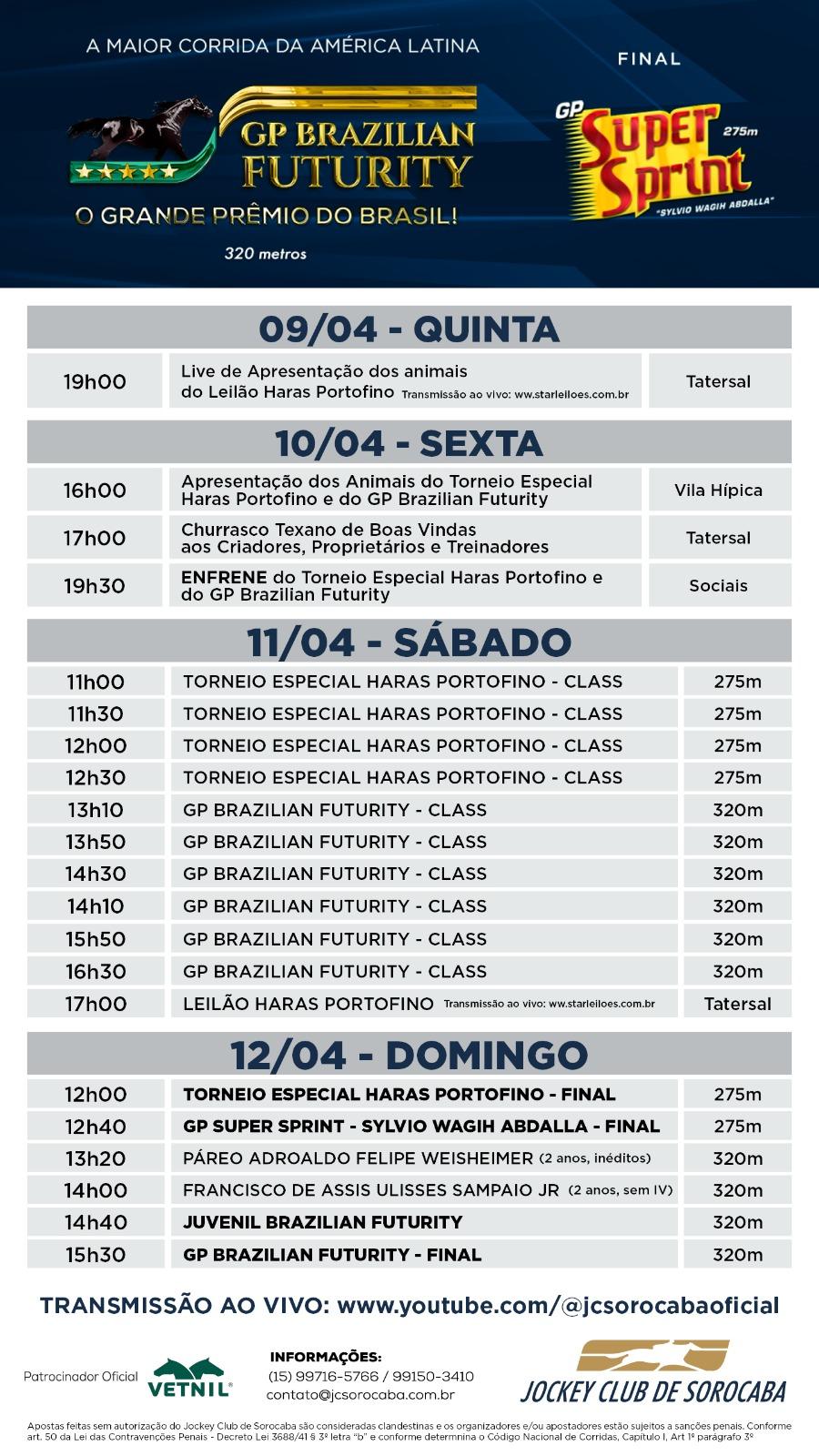 Programação no Jockey Club de Sorocaba, neste final de semana 09 a 12 de abril