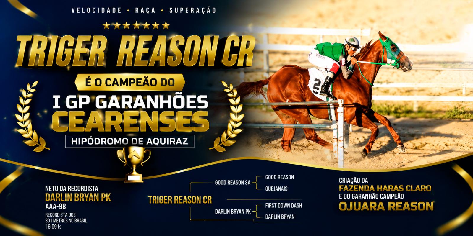 Triger Reason CR é o campeão do I GP Garanhões Cearenses no Hipódromo de Aquiraz Triger Reason CR é o campeão do I GP Garanhões Cearenses no Hipódromo de Aquiraz